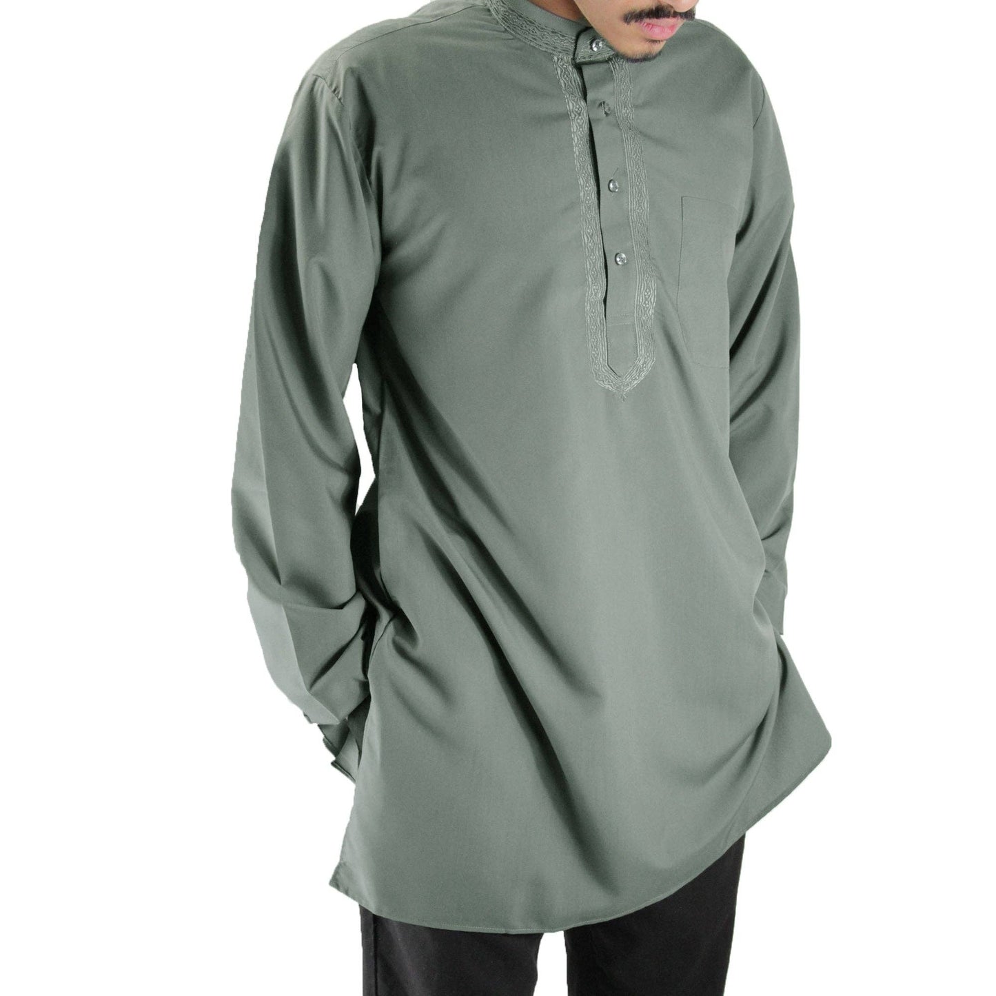 Hijaz Men's Embroidered Warm Gray Kurta Top Wrinkle Free Cotton Short Tunic