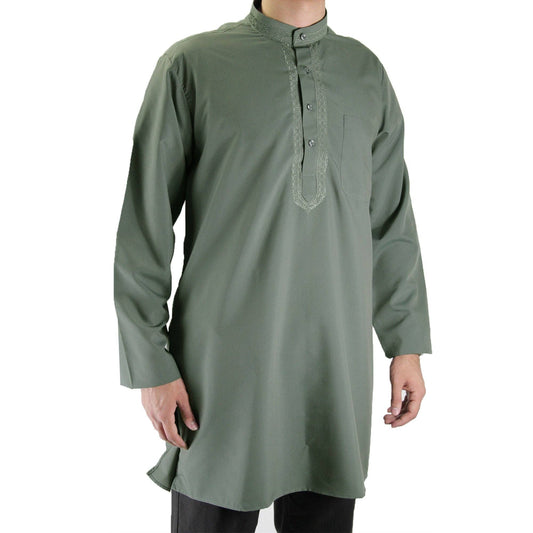Hijaz Men's Embroidered Warm Gray Kurta Top Wrinkle Free Cotton Short Tunic