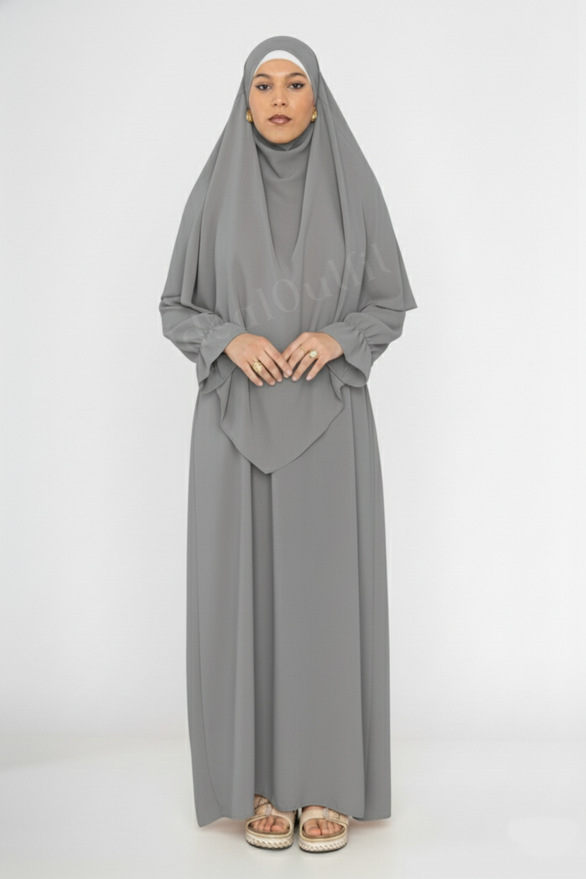 2-piece khimar abaya set ref:2316+2501jazz: Gris